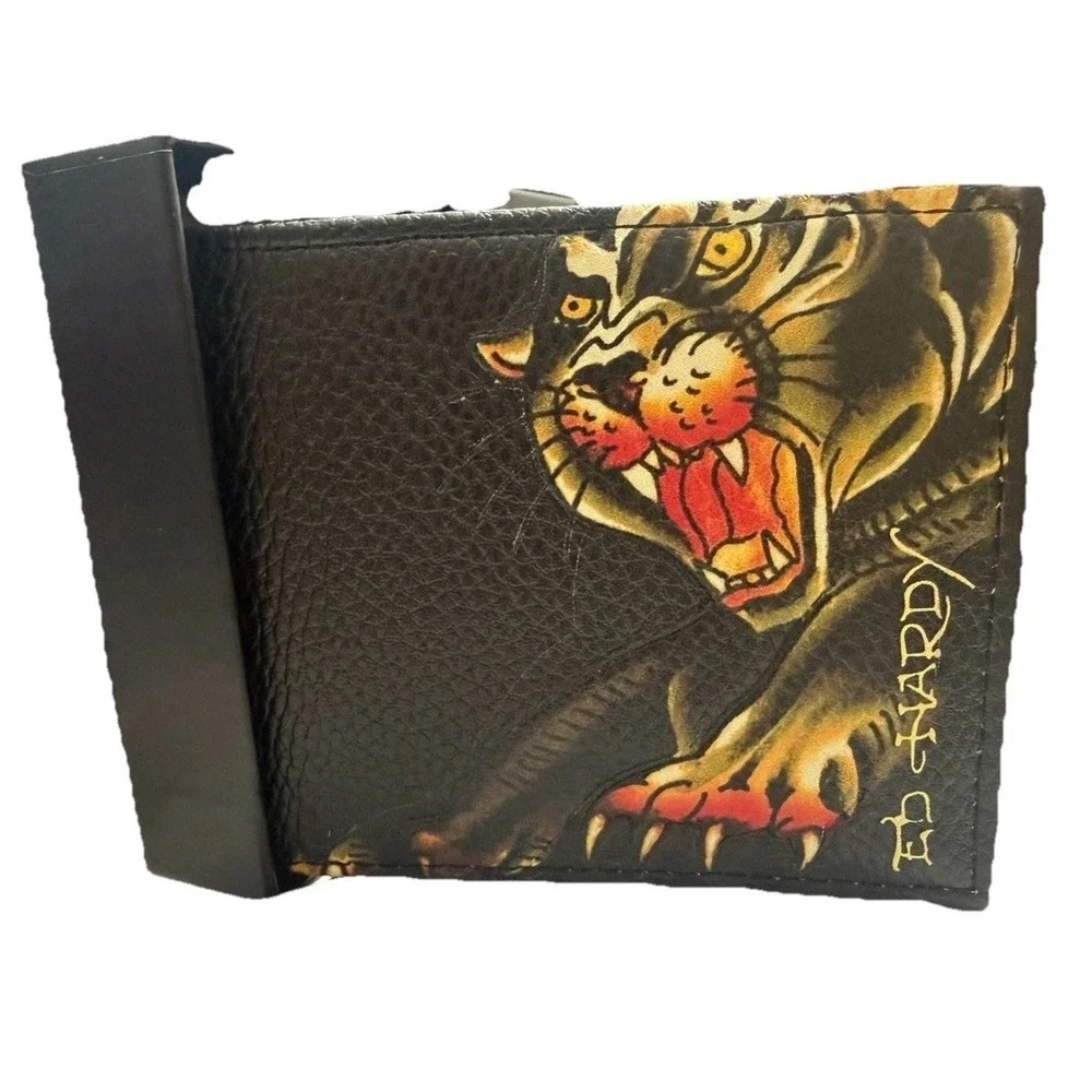 Ed Hardy Men's Black Wallet Bi-fold With Valet Tray PU Leather Tiger Tattoo New